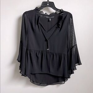 White House Black Market Black Clip Dot Ruffled Blouse with Flared Sleeves
